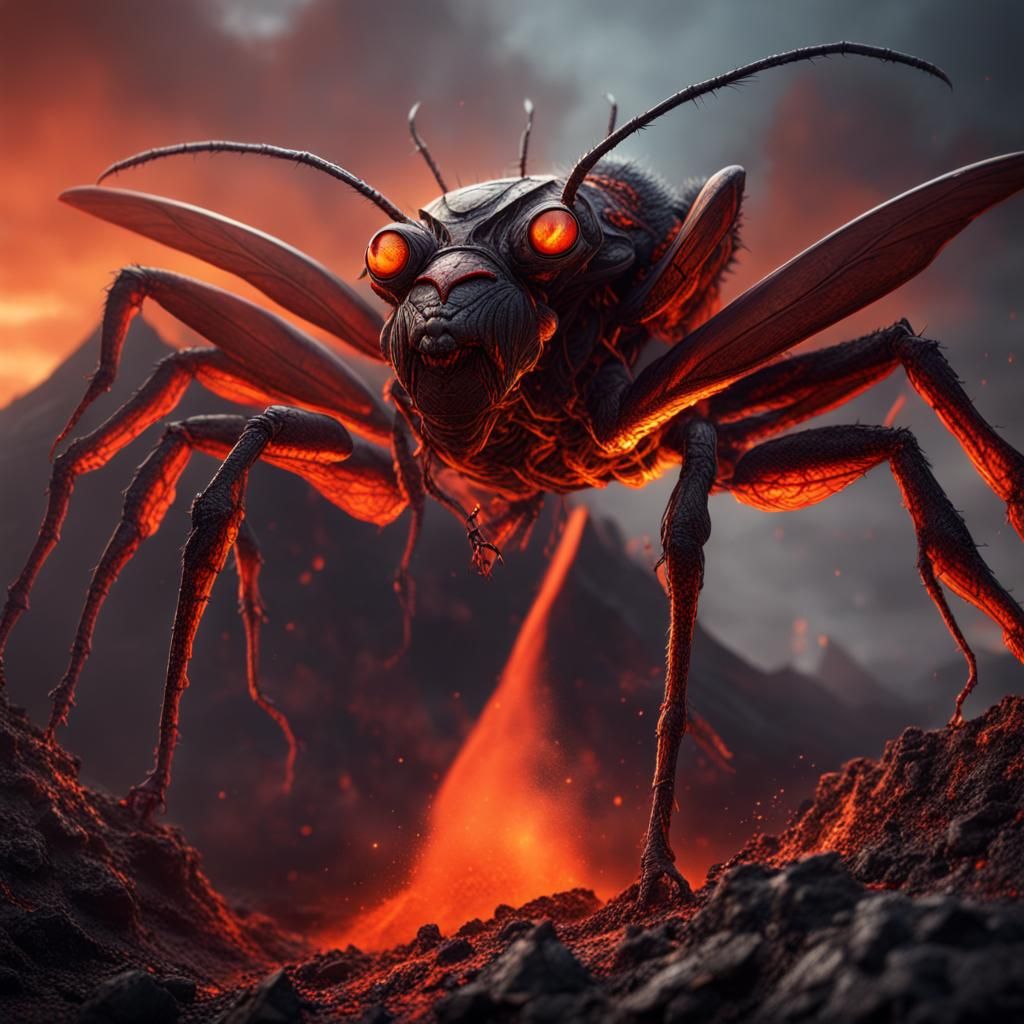 Giant Insect Emerges from Volcano: Detailed Matte Painting