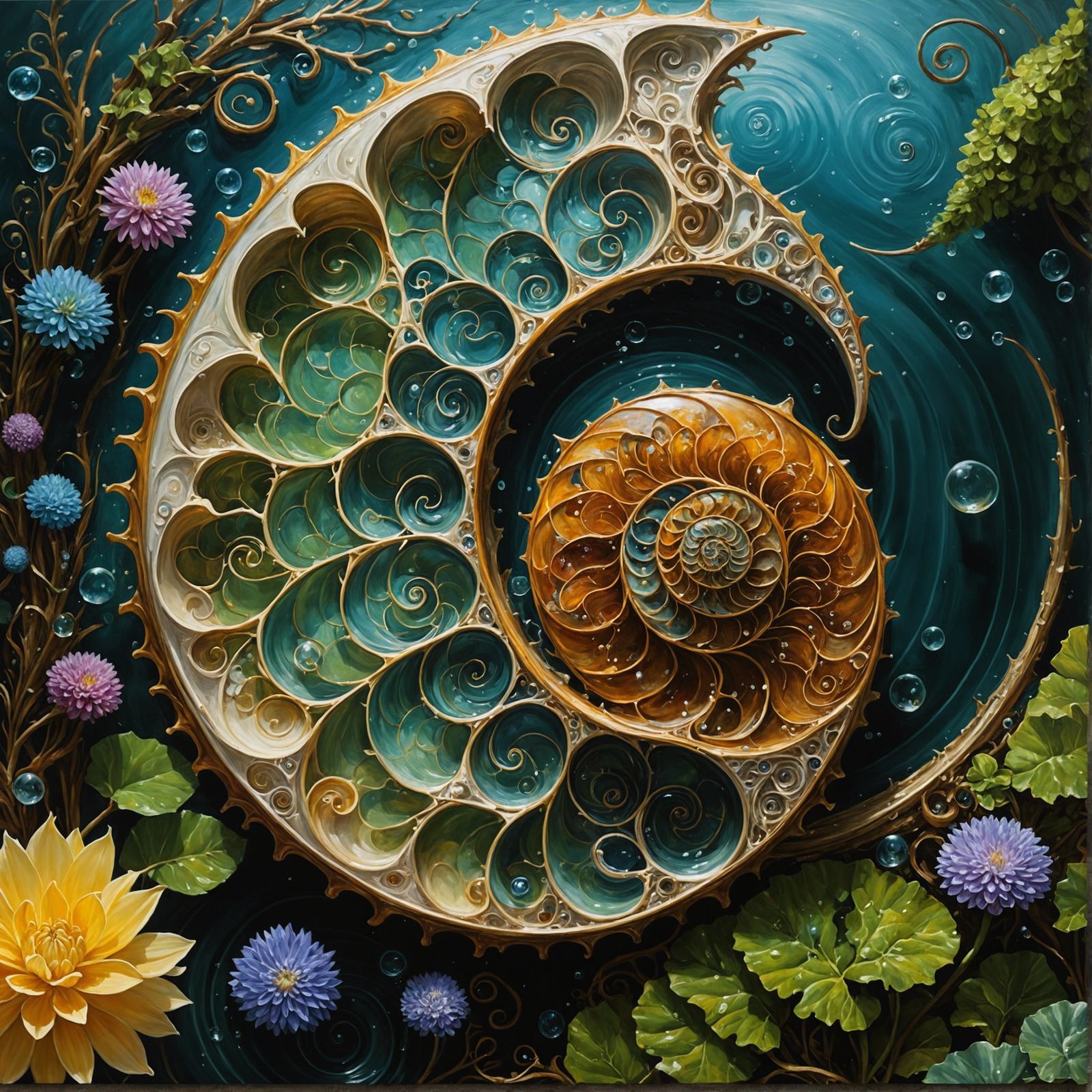 Nautilus: Pantheistic Oil Painting with Fibonacci Sequence