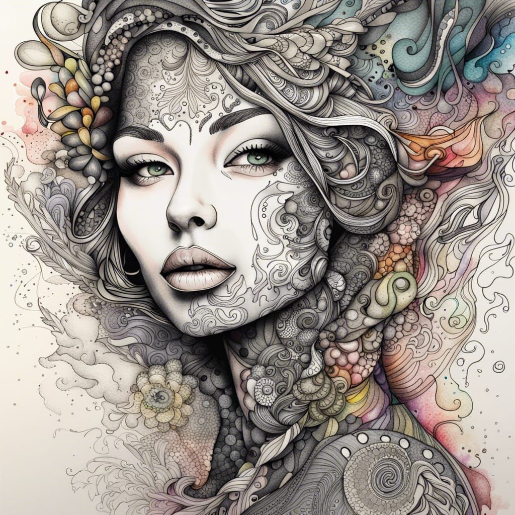Intricate Doodle Morphing into Woman's Face with Watercolor