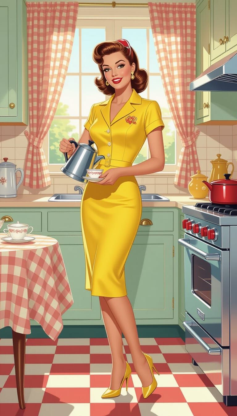 Elegant Housewife Pouring Coffee, 1950s Pin-Up Illustration