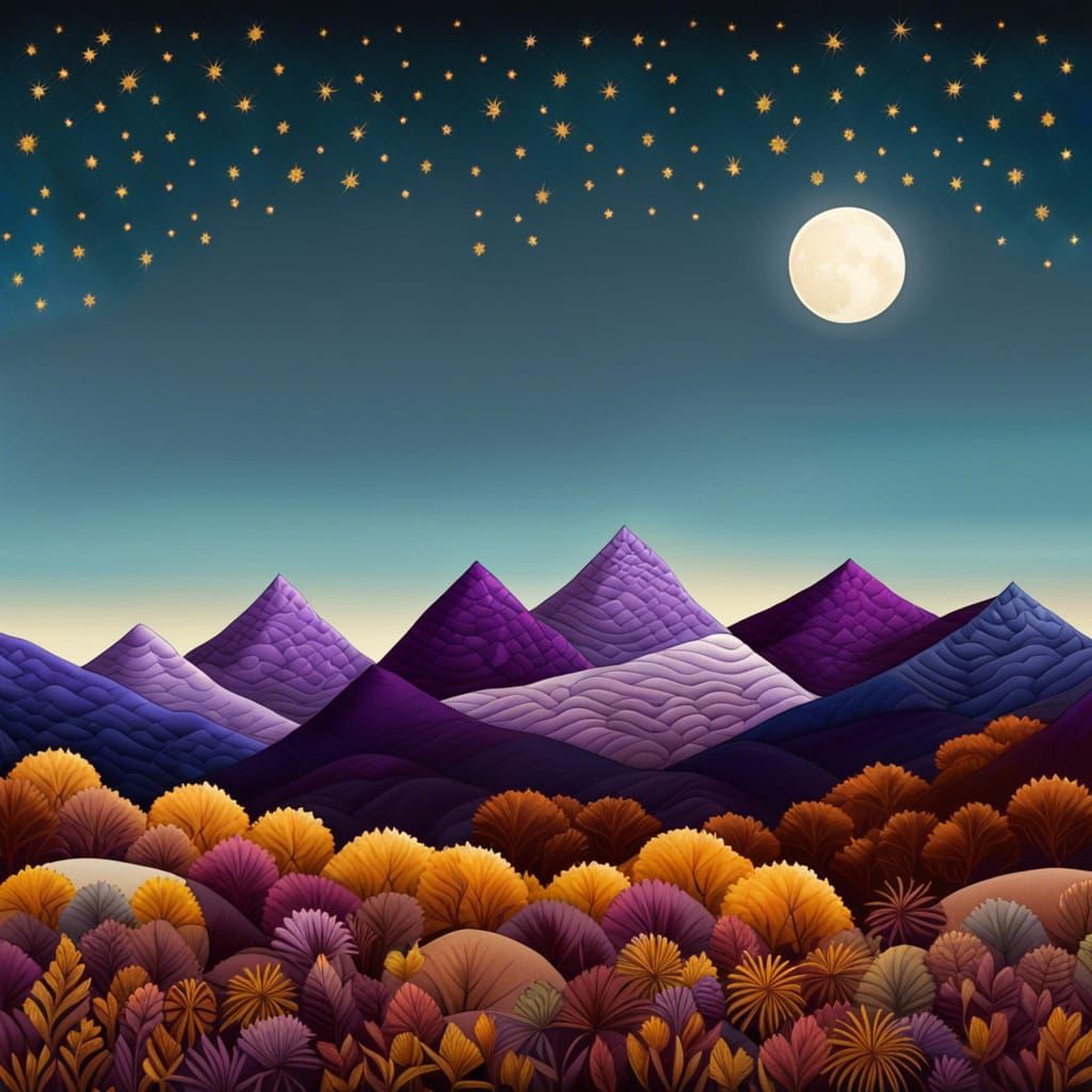 Quilted Purple Mountain Landscape with Full Moon