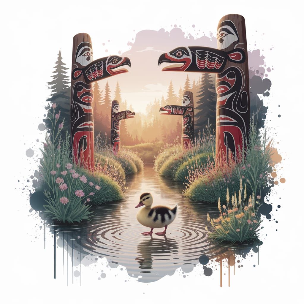 Surreal Watercolor Garden Scene with Haida Totem Poles and W...