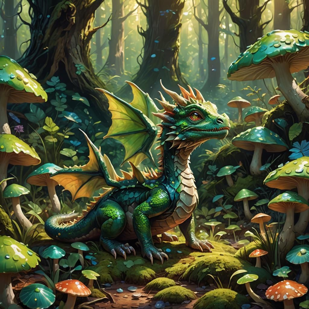Baby Dragon in Enchanted Mushroom Forest, Oil Painting