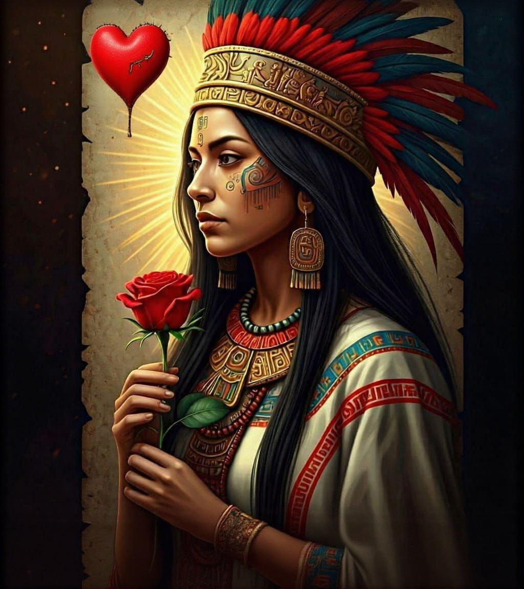 Aztec Warrior Queen Holds Rose Beside Queen of Hearts Card