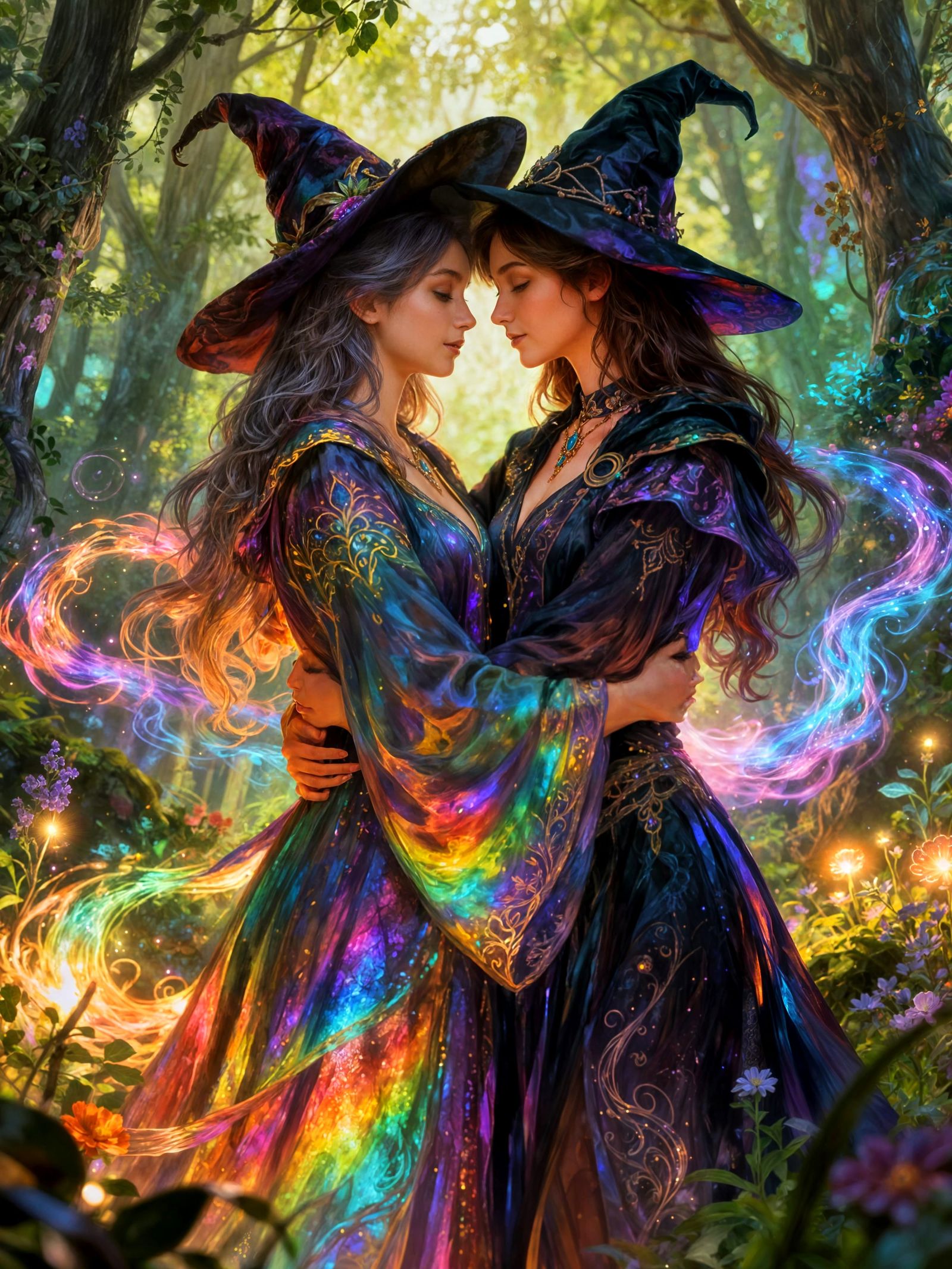 Witches Embrace in Vibrant Magical Forest