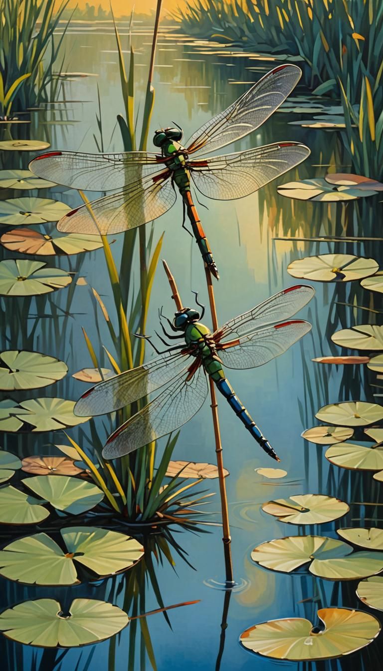 Dragonfly on Reed in Sunlight: Abstract Cubism Style