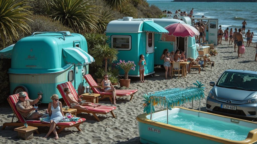 Vintage Caravans in Pastel Colors by the Sea