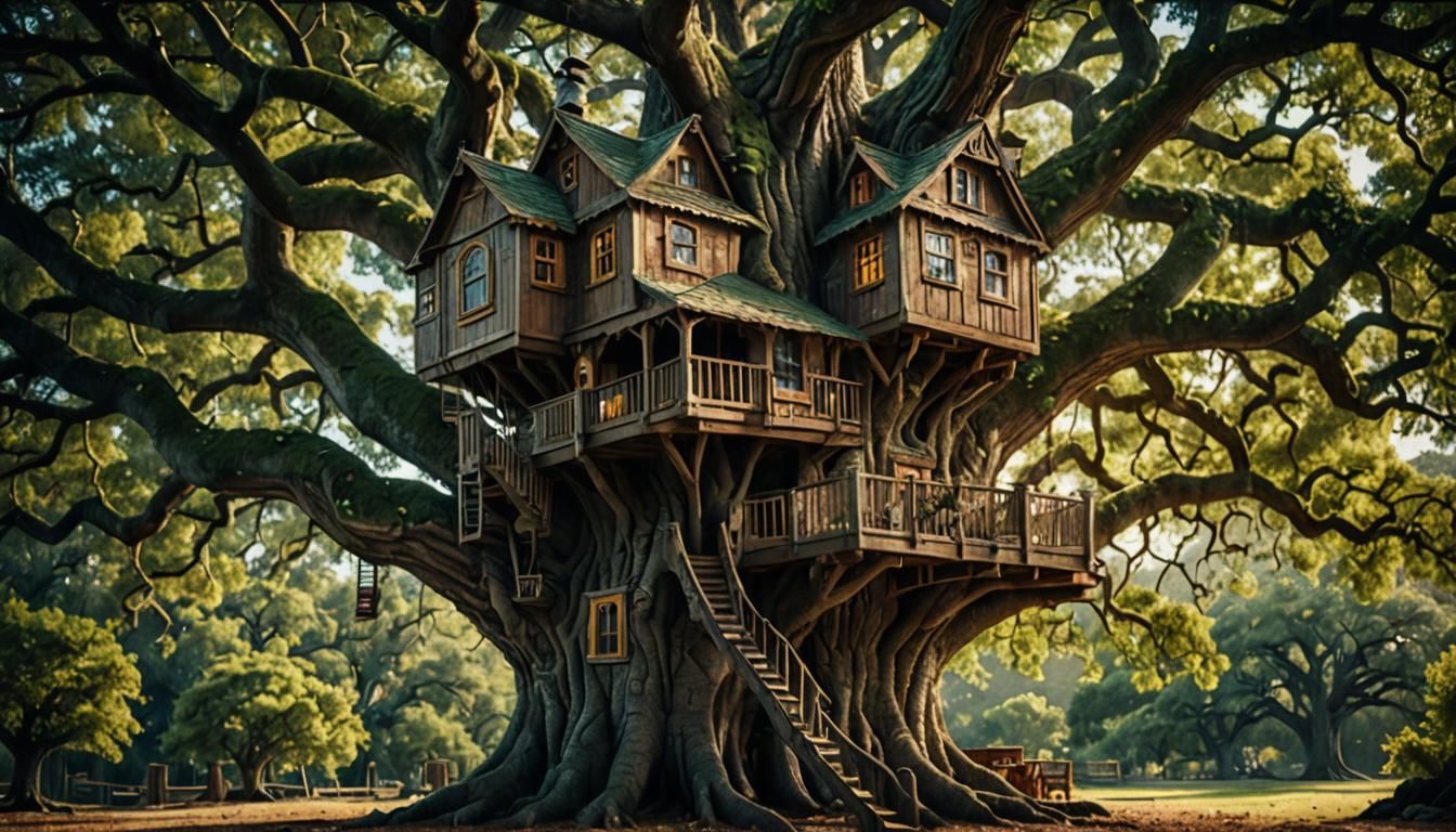 Hyperrealistic Treehouse in Giant Oak Tree