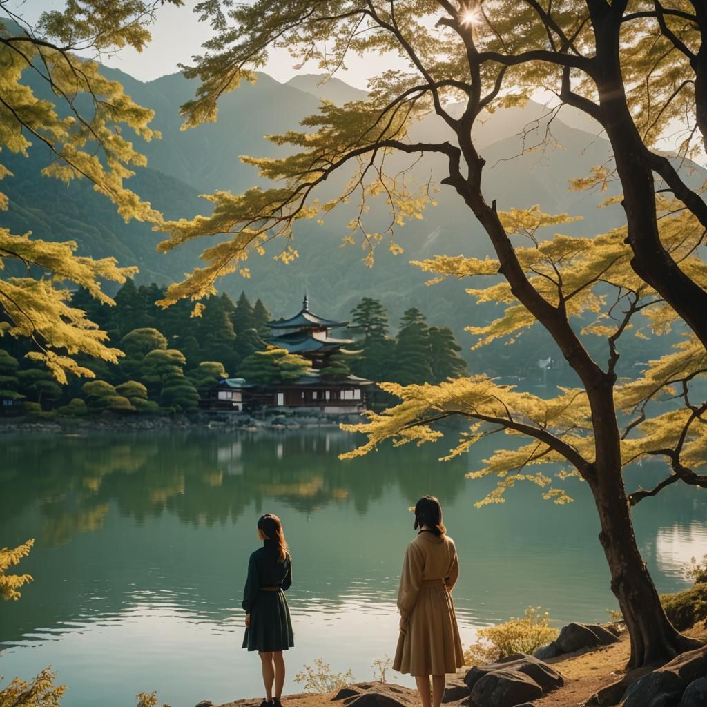Girl Tree by Lake with Japanese Temples