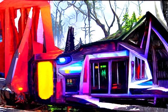 Cyberpunk Cottage in Rainbow Neon Forest