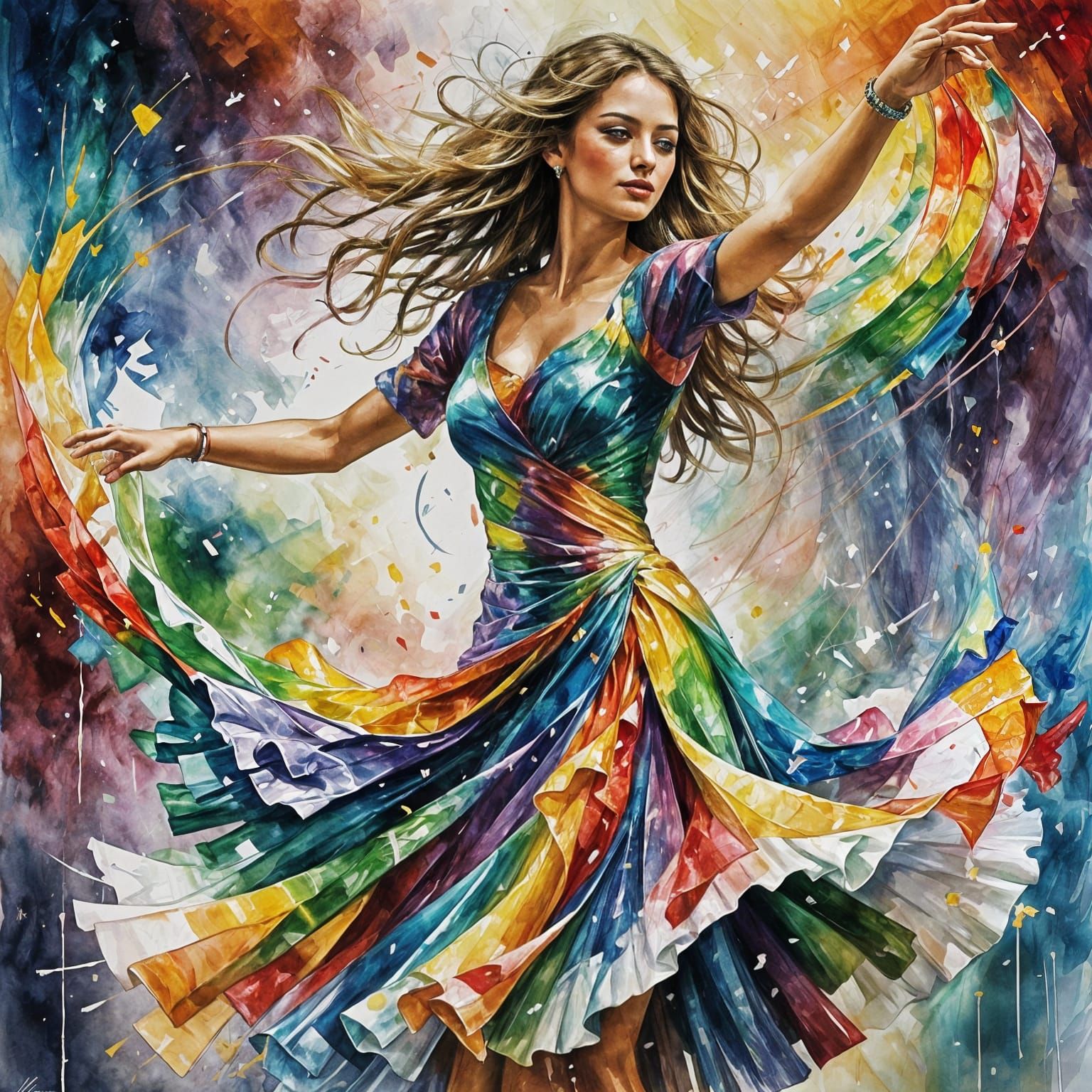 Woman Dancing in Rainbow: Digital Watercolor Art