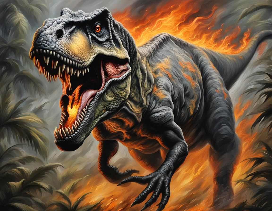 T-Rex Escapes Burning Jurassic Jungle, Old Master Style