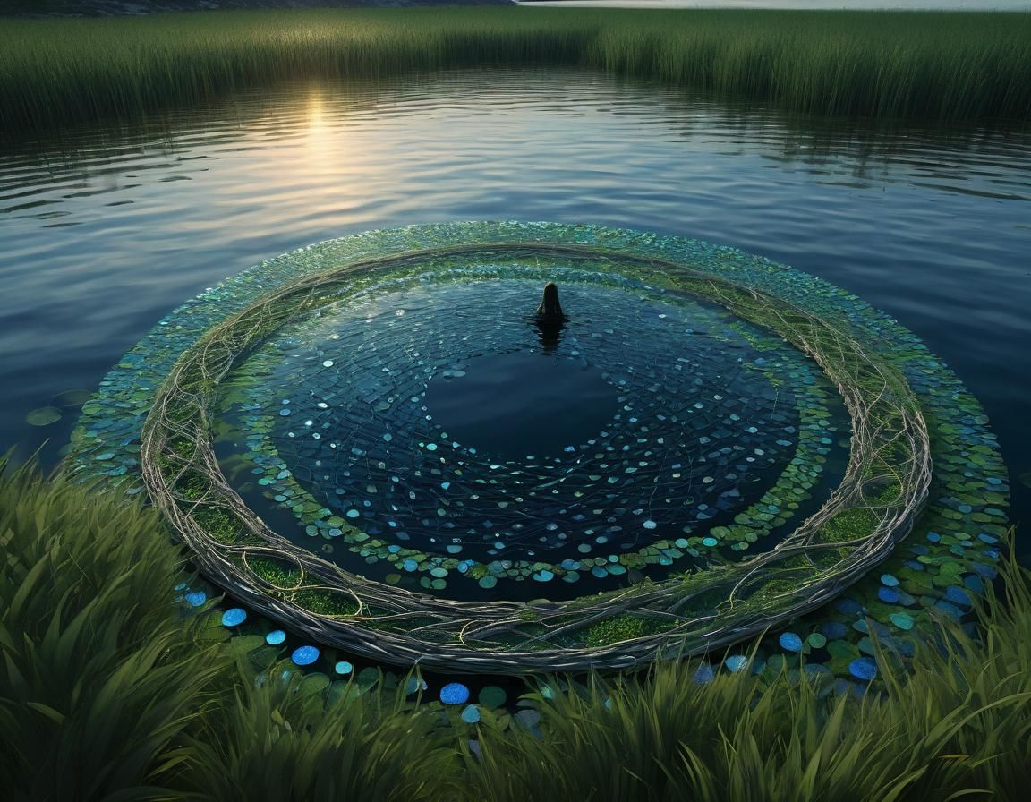 Stone Girl in Lake with Fractal Circles
