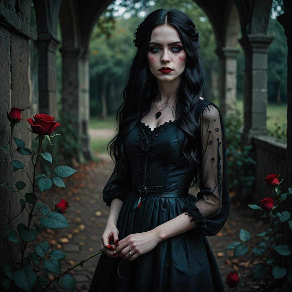 Emotional Gothic Woman Holding a Rose