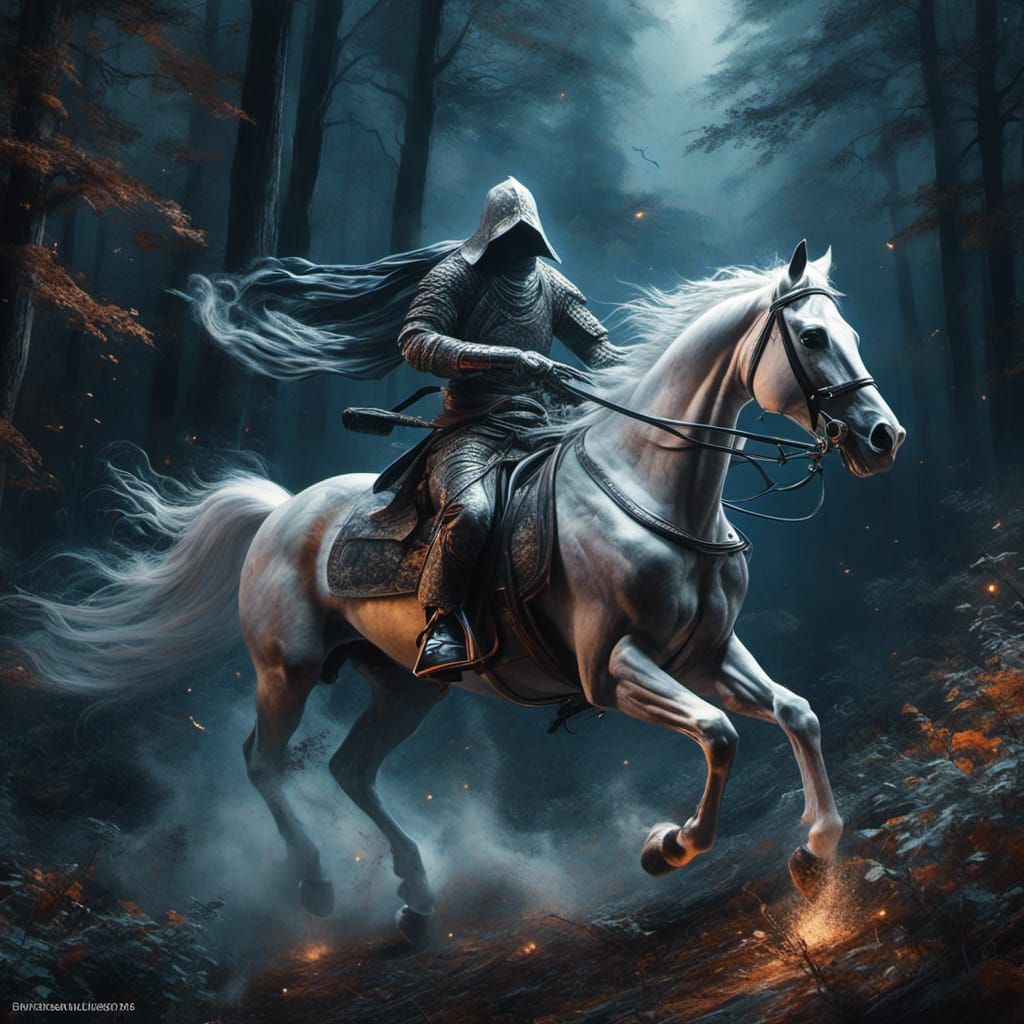 Ghost Samurai on Horseback Through Dark Forest