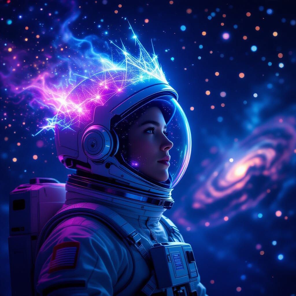 Astronaut Adrift with Bioluminescent Crown in Cosmic Void