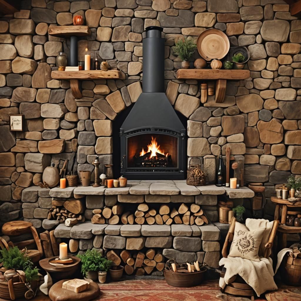 Cozy Rustic Fireplace in Mountain Cabin