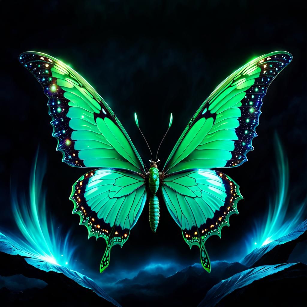 Emerald Butterfly with Sparkling Wings in the Night
