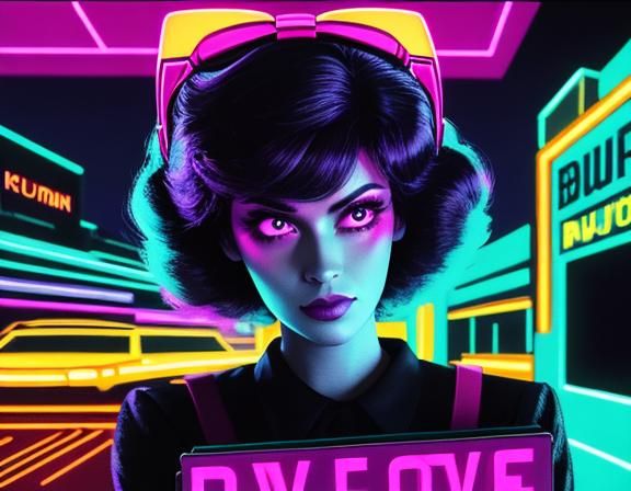 Woman Laughing at Book in Synthwave Neon Style