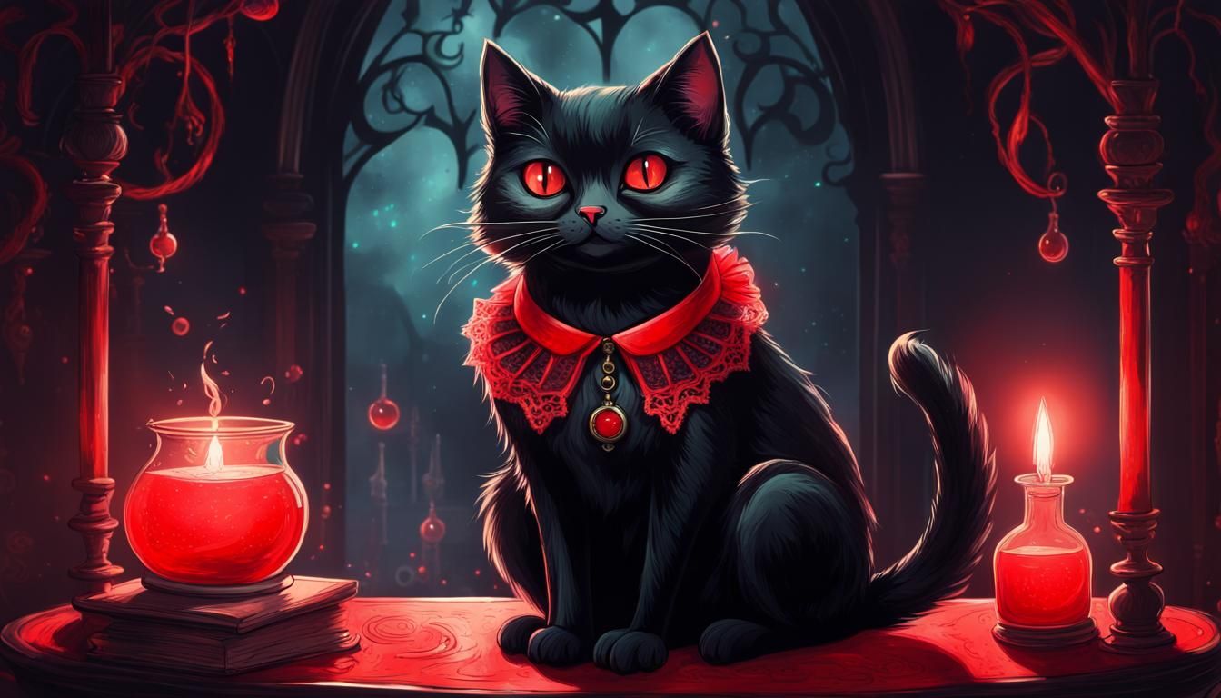 Vintage Gothic Cat in Magical Cartoon Drawing