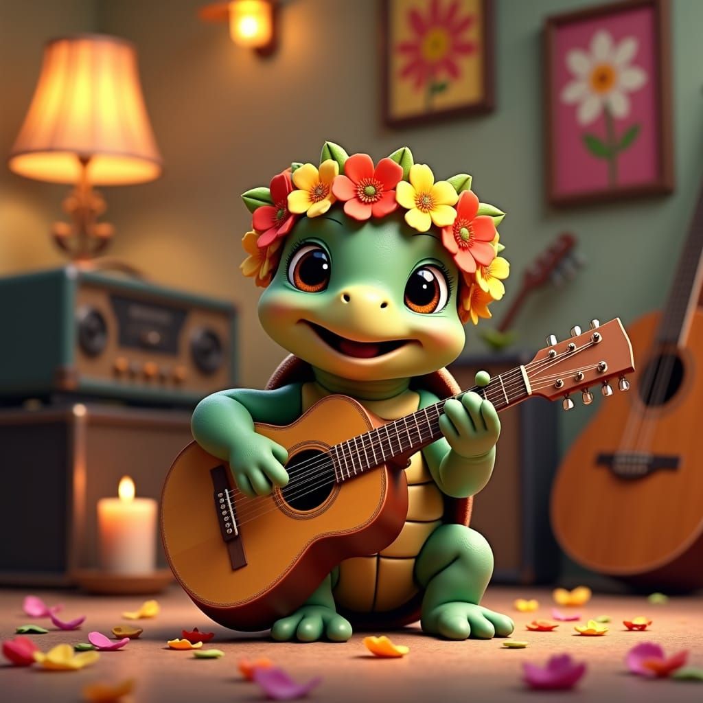 Pixar-Style Turtle Playing Guitar with Flower Crown
