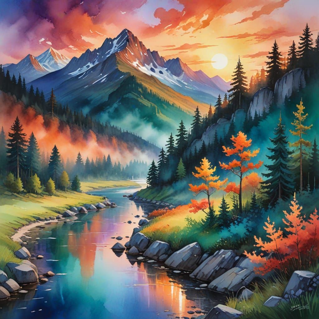 the scene is painted with watercolors blending azure skies i...