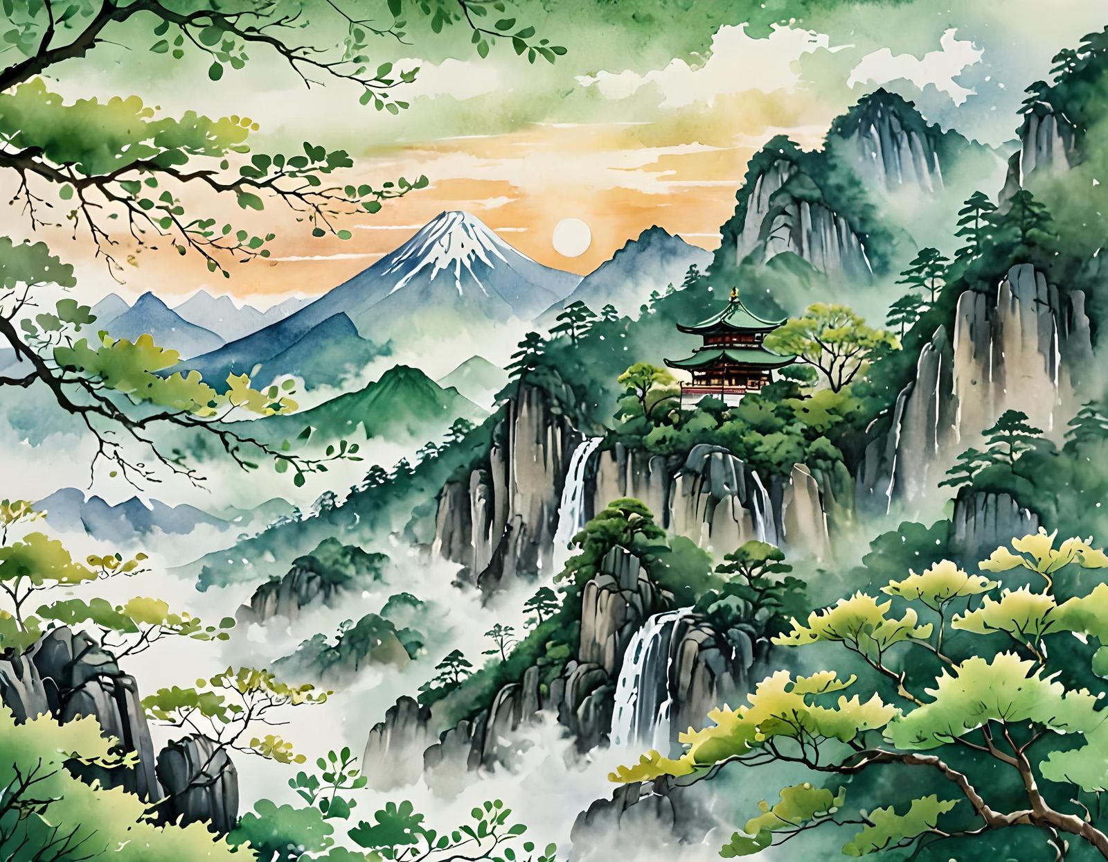 Watercolor Sunrise Temple with Ginkgo Branches