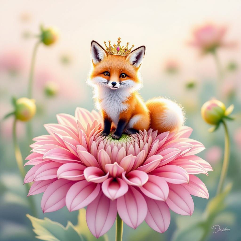 Fluffy Fox in Crown on Dahlia, Watercolor Style