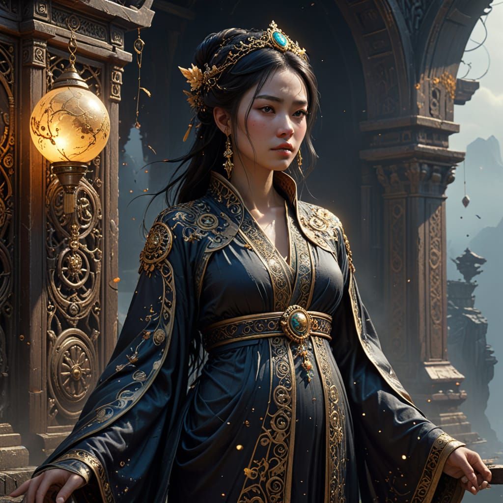 Elegant Oriental Necromancer Before Ancient Portal