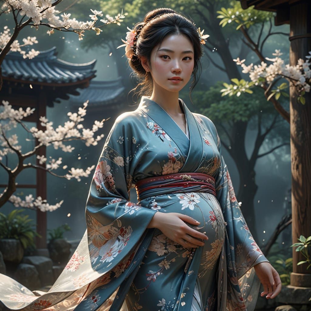 Elegant Pregnant Woman in Mystical Kimono, Oriental Muse Sty...