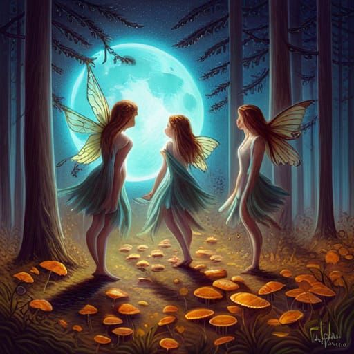 Fairies Dance in Autumn Forest Under Blue Moon