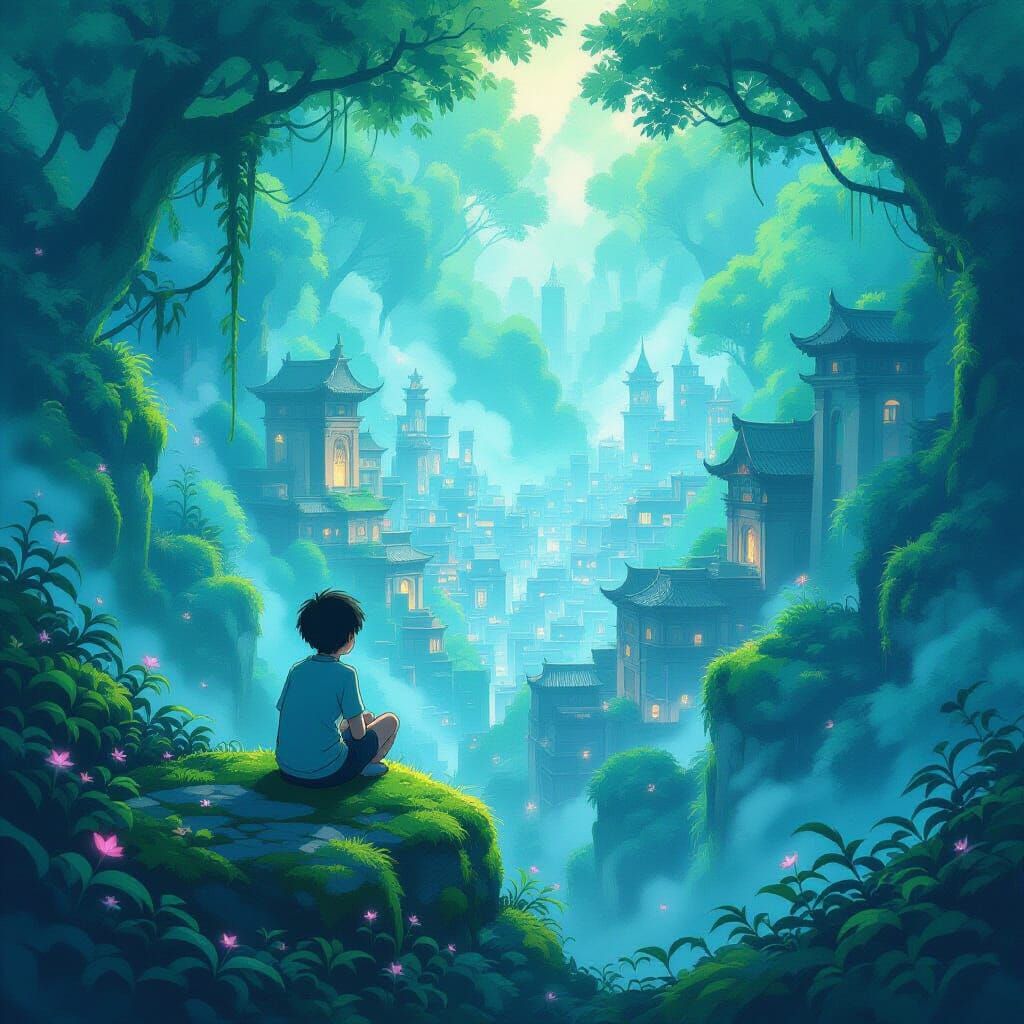 Boy Overlooks Mystical Forest City in Watercolor Anime Style