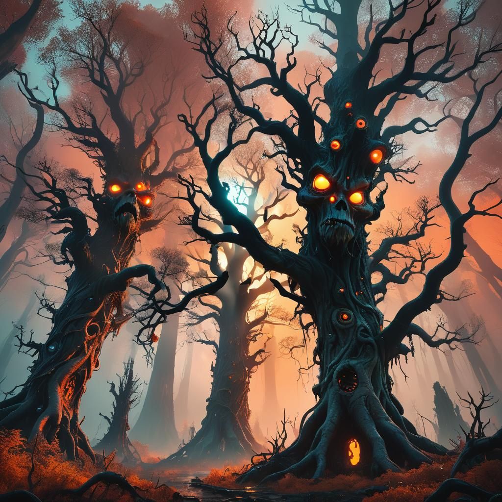 Mutated Tree Towers over Bioluminescent Forest in 3D