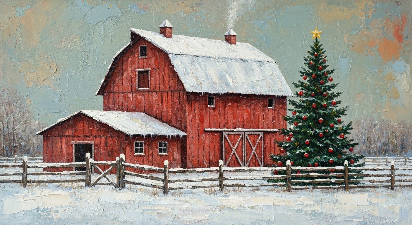 Textured Oil Painting of Cozy Winter Barn and Christmas Tree