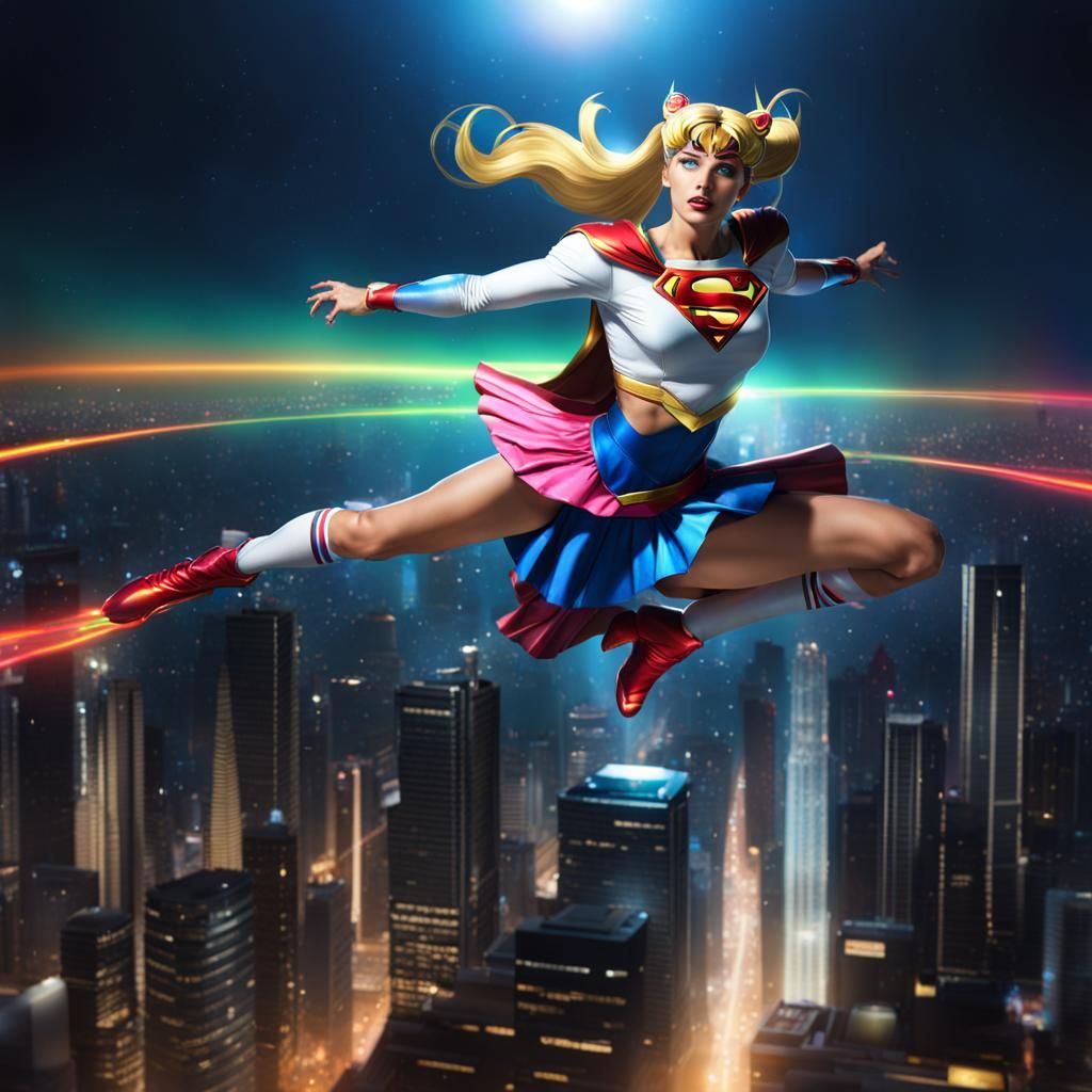 Supergirl and Sailor Moon Fusion Over Metropolis