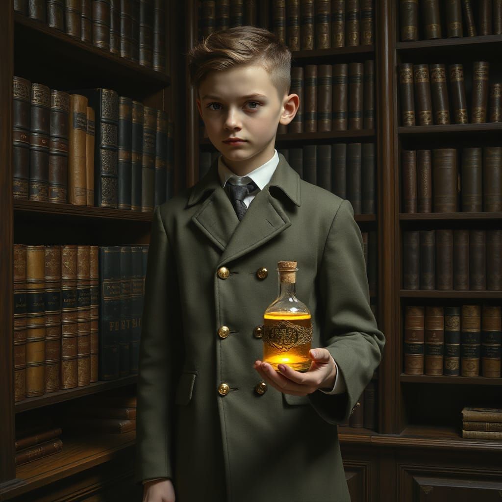 Victorian Alchemist with Golden Elixir, Syd Mead Style