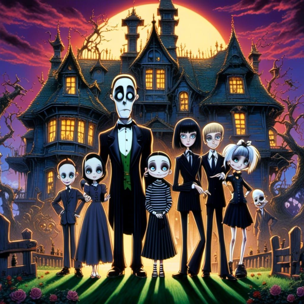 The Addams Family in 90s Anime Style