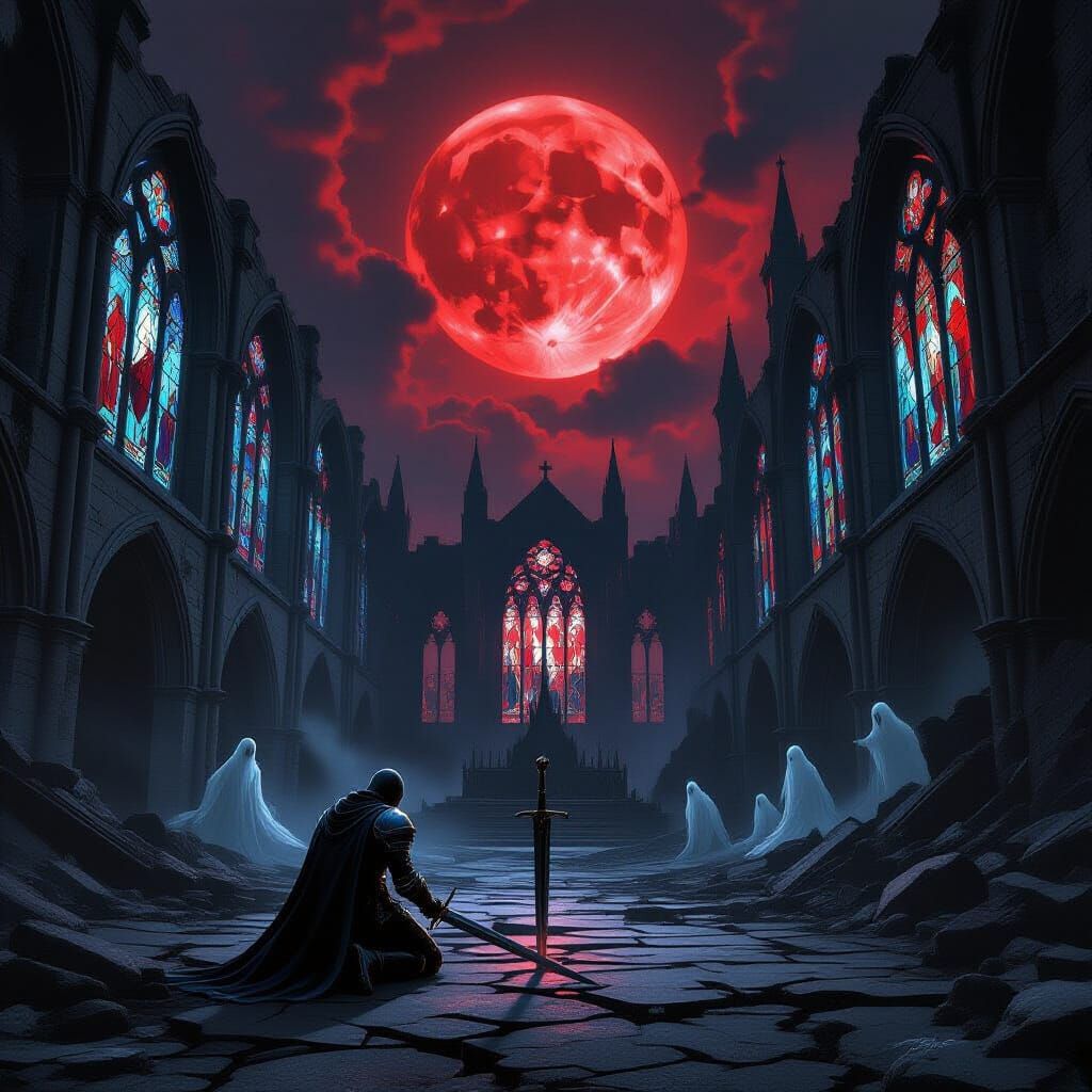 Ruined Cathedral in Wasteland Under Blood Moon