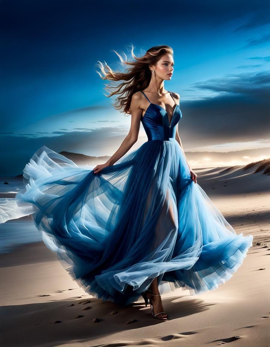 Woman in Blue Tulle Gown on Windy Beach