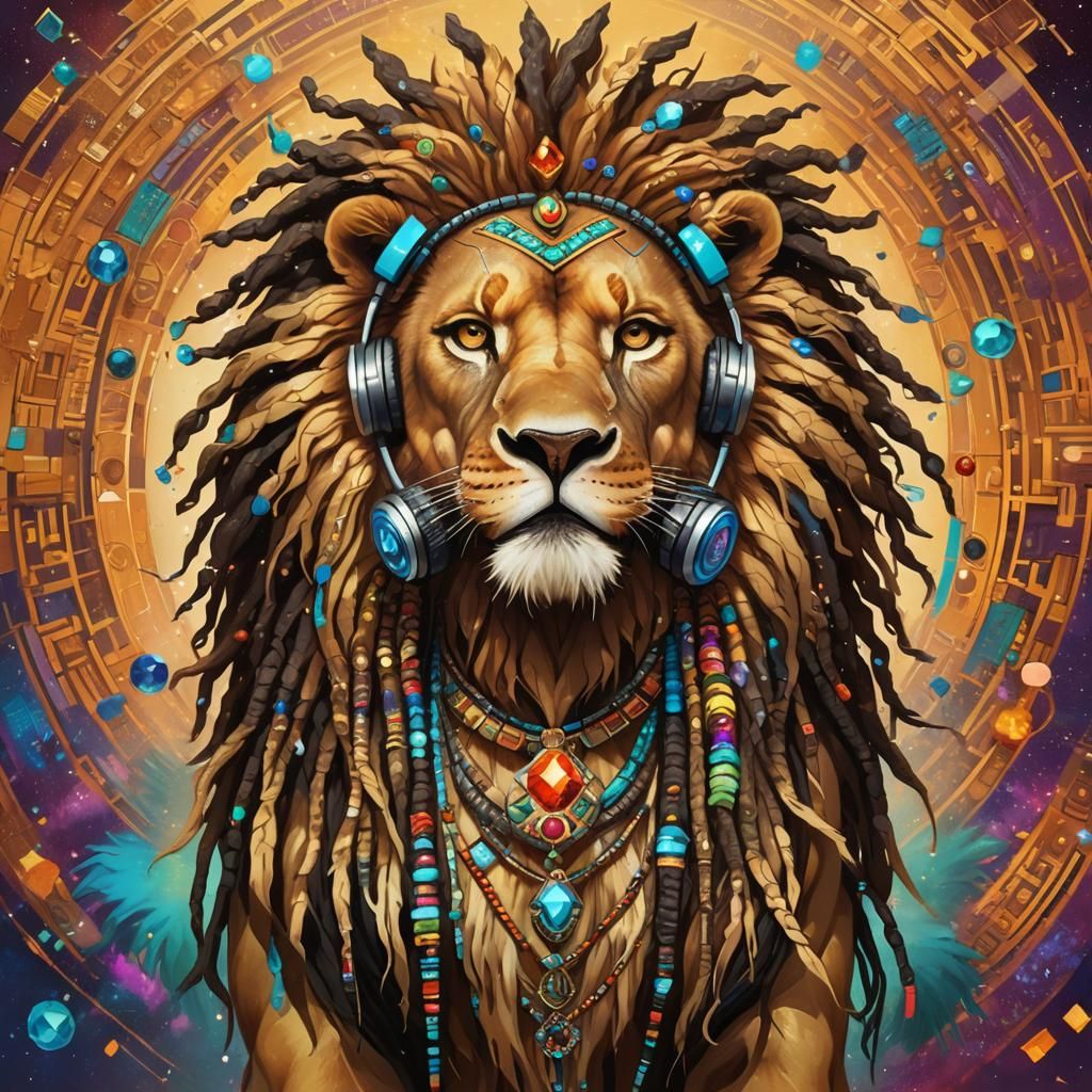 Afro-Futurist Lion with Gemstone Braids and Headphones
