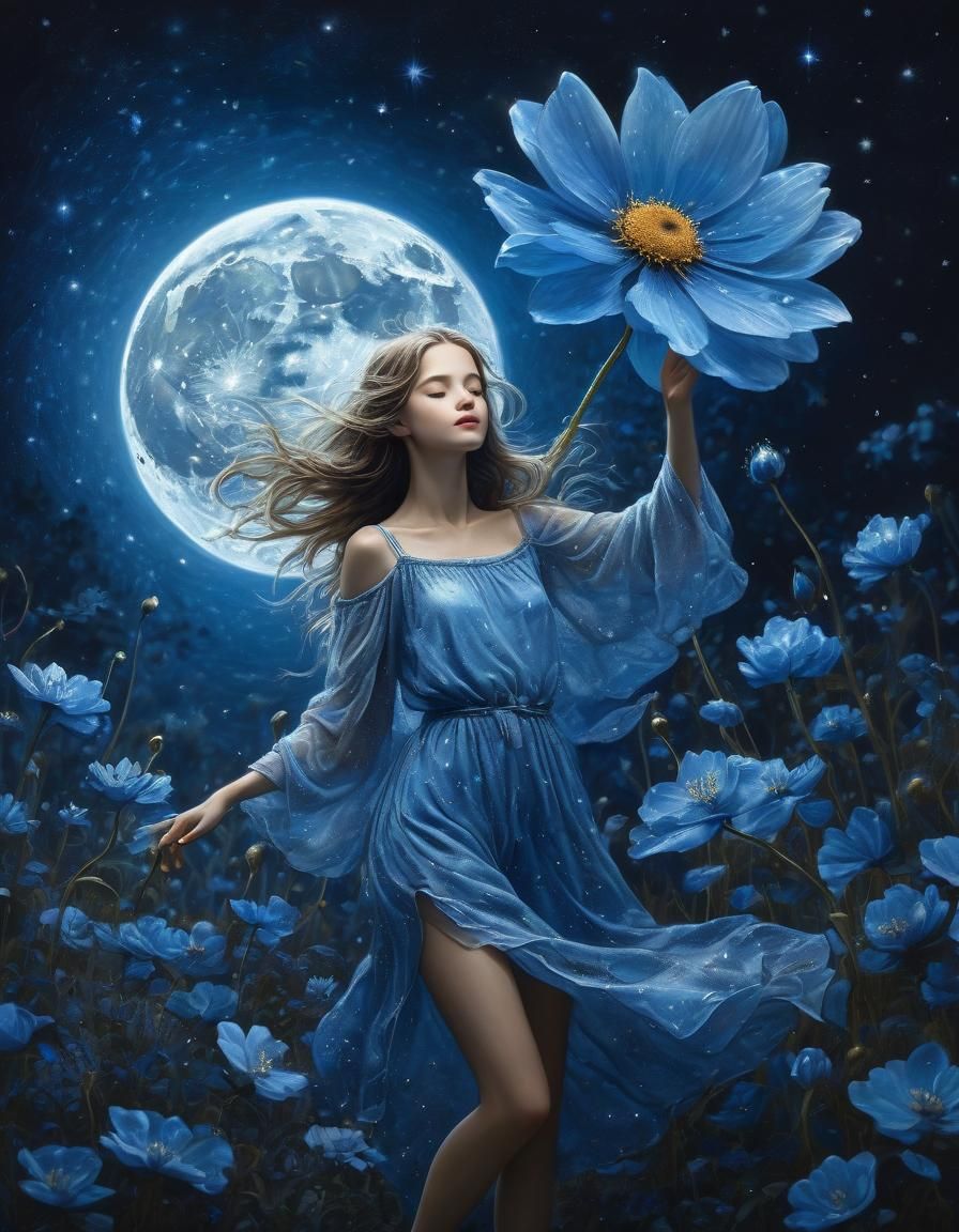 Virgo Dances Under Moonlight in Blue Flower Field
