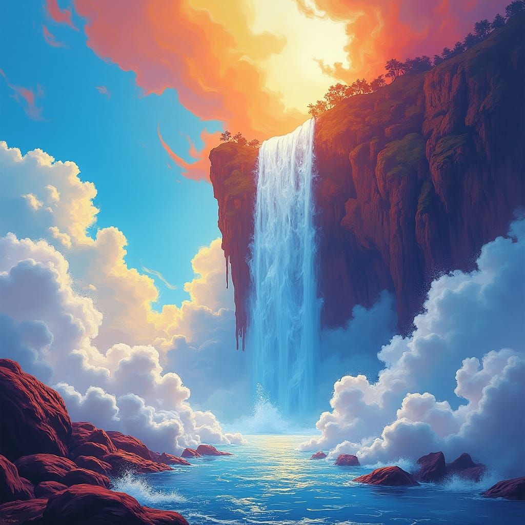 Ethereal Waterfall Cascading Above Clouds in Graffiti Art