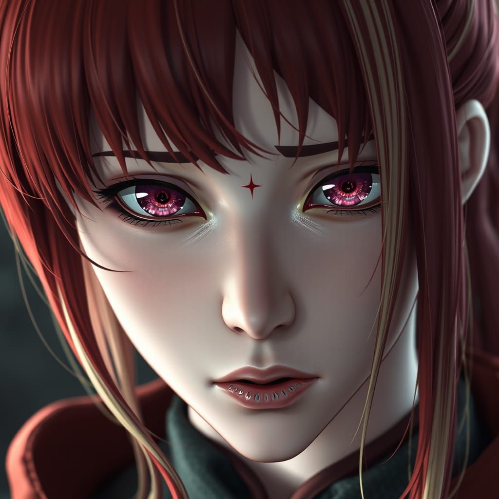 Crimson Haired Heroine with Pink Eyes in Dark Fantasy Style