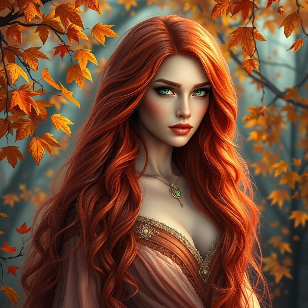 Ethereal Autumn Goddess with Fiery Red Locks