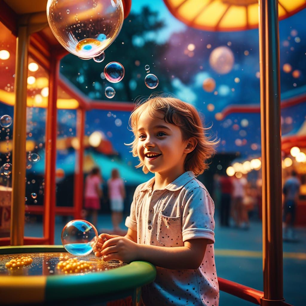 Happy Child Plays with Melting Bubble Shooter in Vibrant Amu...