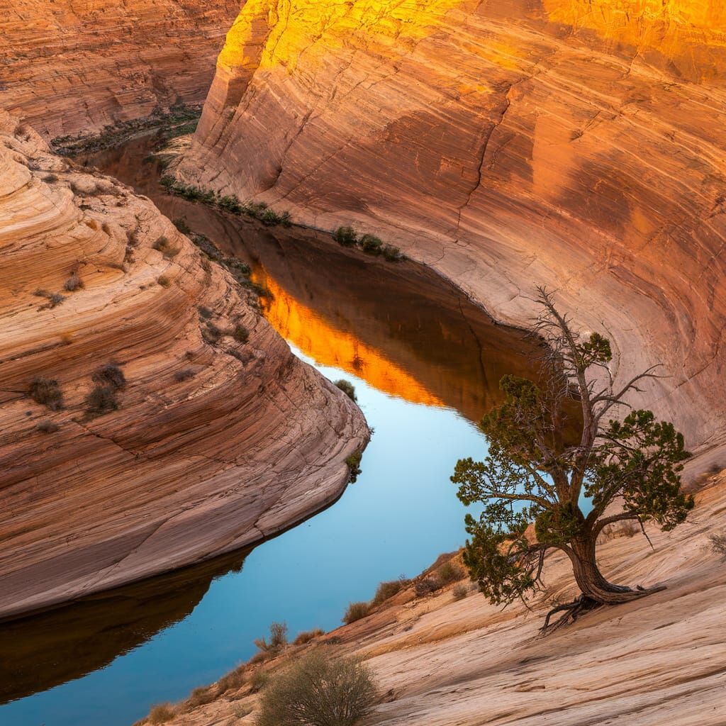 Winding River in Sunlit Canyon at Golden Hour