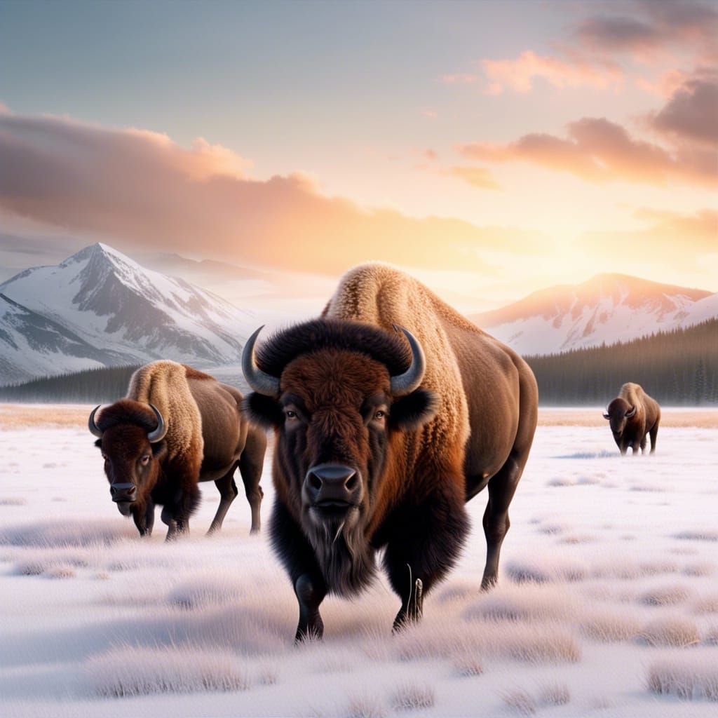 Bison in Frosty Meadow: Photorealistic 3D Photography