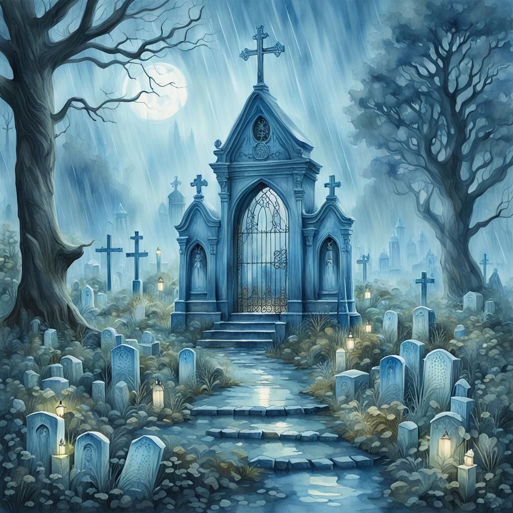 Rainy Wilderness Graveyard: Watercolour Illustration