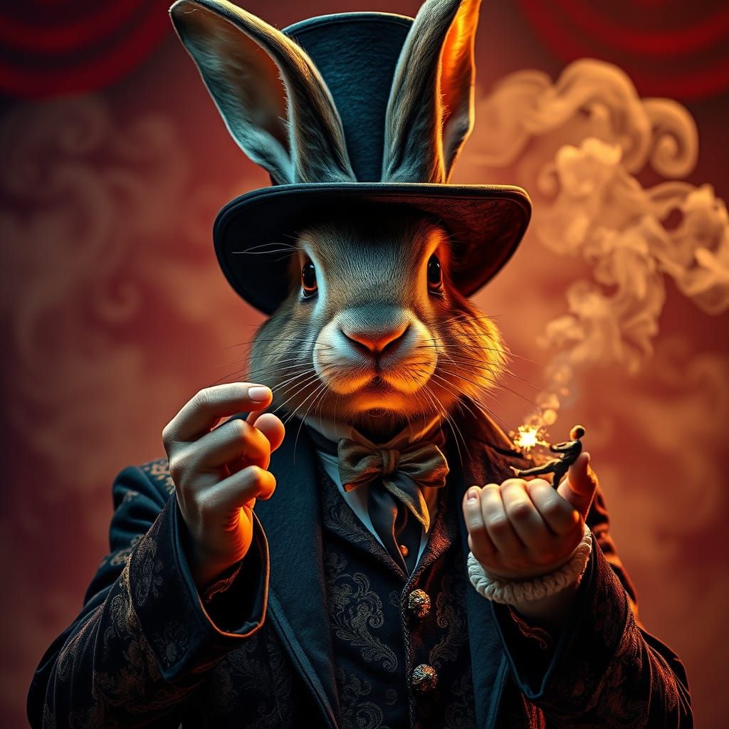 Hyperrealistic Illusionist with Rabbit's Head Pulls Out Tiny...