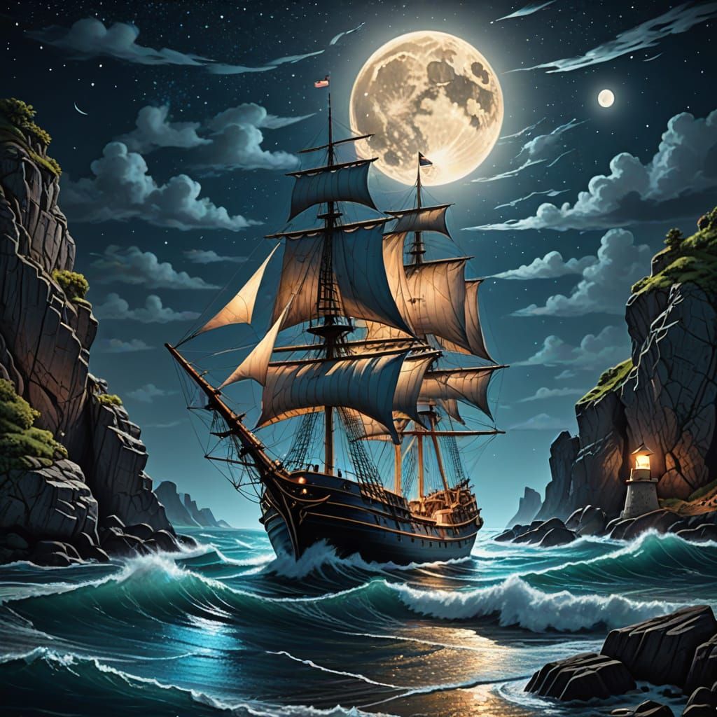 Sailing Ship Navigates Treacherous Cosmic Waters